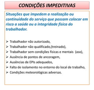 CONDIÇÕES IMPEDITIVAS
Situações que impedem a realização ou
continuidade do serviço que possam colocar em
risco a saúde ou a integridade física do
trabalhador.
 Trabalhador não autorizado,
 Trabalhador não qualificado,(treinado),
 Trabalhador sem condições físicas e mentais (aso),
 Ausência de pontos de ancoragem,
 Ausências de EPIs adequados,
 Falta de isolamento no entorno do local de trabalho,
 Condições meteorológicas adversas.
 