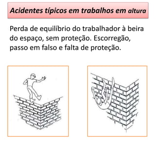 Acidentes típicos em trabalhos em altura
Perda de equilíbrio do trabalhador à beira
do espaço, sem proteção. Escorregão,
passo em falso e falta de proteção.
 