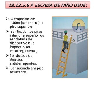 18.12.5.6 A ESCADA DE MÃO DEVE:
 Ultrapassar em
1,00m (um metro) o
piso superior;
 Ser fixada nos pisos
inferior e superior ou
ser dotada de
dispositivo que
impeça o seu
escorregamento;
 Ser dotada de
degraus
antiderrapantes;
 Ser apoiada em piso
resistente.
 
