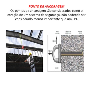 PONTO DE ANCORAGEM
Os pontos de ancoragem são considerados como o
coração de um sistema de segurança, não podendo ser
considerado menos importante que um EPI.
 
