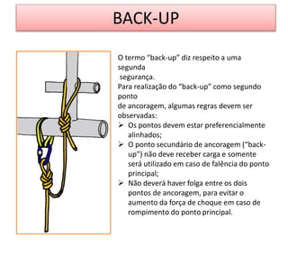BACK-UP
O termo “back-up” diz respeito a uma
segunda
segurança.
Para realização do “back-up” como segundo
ponto
de ancoragem, algumas regras devem ser
observadas:
 Os pontos devem estar preferencialmente
alinhados;
 O ponto secundário de ancoragem (“back-
up”) não deve receber carga e somente
será utilizado em caso de falência do ponto
principal;
 Não deverá haver folga entre os dois
pontos de ancoragem, para evitar o
aumento da força de choque em caso de
rompimento do ponto principal.
 