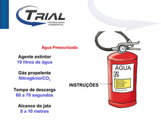 Água Pressurizada

 Agente extintor
 10 litros de água

 Gás propelente
 Nitrogênio/CO2
                         INSTRUÇÕES
Tempo de descarga
 60 a 70 segundos

 Alcance do jato
  8 a 10 metros
 