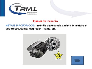 Classes de Incêndio
METAIS PIROFÓRICOS: Incêndio envolvendo queima de materiais
pirofóricos, como: Magnésio, Titânio, etc.
 