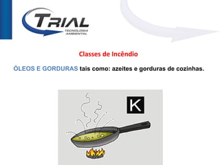 Classes de Incêndio
ÓLEOS E GORDURAS tais como: azeites e gorduras de cozinhas.
 
