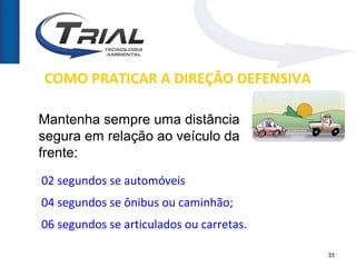 COMO PRATICAR A DIREÇÃO DEFENSIVA

Mantenha sempre uma distância
segura em relação ao veículo da
frente:
02 segundos se automóveis
04 segundos se ônibus ou caminhão;
06 segundos se articulados ou carretas.

                                          31
 