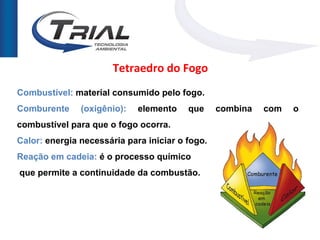 Tetraedro do Fogo
Combustível: material consumido pelo fogo.
Comburente     (oxigênio):   elemento    que     combina   com   o
combustível para que o fogo ocorra.
Calor: energia necessária para iniciar o fogo.
Reação em cadeia: é o processo químico
que permite a continuidade da combustão.
 