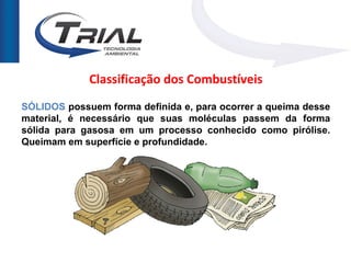 Classificação dos Combustíveis
SÓLIDOS possuem forma definida e, para ocorrer a queima desse
material, é necessário que suas moléculas passem da forma
sólida para gasosa em um processo conhecido como pirólise.
Queimam em superfície e profundidade.
 