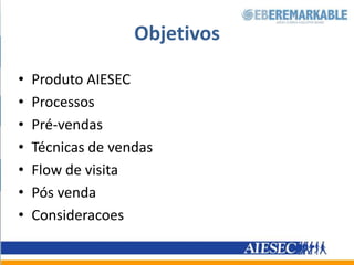 ObjetivosProdutoAIESECProcessosPré-vendasTécnicas de vendasFlow de visitaPósvendaConsideracoes