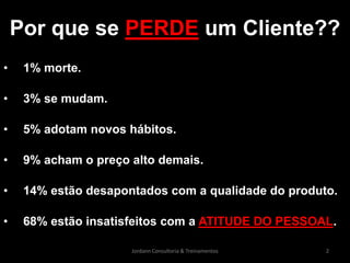 Por que se PERDE um Cliente??
•    1% morte.

•    3% se mudam.

•    5% adotam novos hábitos.

•    9% acham o preço alto demais.

•    14% estão desapontados com a qualidade do produto.

•    68% estão insatisfeitos com a ATITUDE DO PESSOAL.

                      Jordann Consultoria & Treinamentos   2
 