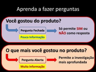 Aprenda a fazer perguntas
Você gostou do produto?
O que mais você gostou no produto?
Pergunta Fechada
Pergunta Aberta
Só permite SIM ou
NÃO como resposta
Permite a investigação
mais aprofundada
Pouca Informação
Muita Informação
 