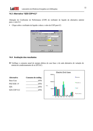 Laboratório de Eficiência Energética em Edificações
32
14.3 Alternativa “SZS COP=0.2”
Alteração do Coeficiente de Performance (COP) do resfriador de líquido da alternativa anterior
para o valor 0.2.
• Clique sobre o resfriador de líquido e altere o valor do COP para 0.2.
14.4 Avaliação dos resultados
Ü Verifique o consumo anual de energia elétrica do caso base e de cada alternativa de variação do
sistema de condicionamento de ar (HVAC).
Alternativa Consumo do cooling
Base Case _____________kWh
PSZ EER 1.9 _____________kWh
SZS _____________kWh
SZS COP=0.2 _____________kWh
Electric End Uses
Base Case
PSZ EER 1.9
SZVT
SZVT COP=0.2
kWh/y
1
0.0
50000.0
100000.0
150000.0
Lgt Eqp Heat Cool Twr Pmp Fans
 