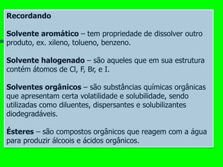 Recordando
Solvente aromático – tem propriedade de dissolver outro
produto, ex. xileno, tolueno, benzeno.
Solvente halogenado – são aqueles que em sua estrutura
contém átomos de Cl, F, Br, e I.
Solventes orgânicos – são substâncias químicas orgânicas
que apresentam certa volatilidade e solubilidade, sendo
utilizadas como diluentes, dispersantes e solubilizantes
diodegradáveis.
Ésteres – são compostos orgânicos que reagem com a água
para produzir álcoois e ácidos orgânicos.
 