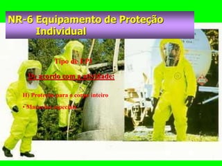 Tipo de EPI
H) Proteção para o corpo inteiro
• Macacões especiais
De acordo com a atividade:
NR-6 Equipamento de Proteção
Individual
 