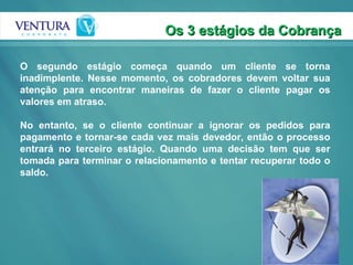 O segundo estágio começa quando um cliente se torna inadimplente. Nesse momento, os cobradores devem voltar sua atenção para encontrar maneiras de fazer o cliente pagar os valores em atraso. No entanto, se o cliente continuar a ignorar os pedidos para pagamento e tornar-se cada vez mais devedor, então o processo entrará no terceiro estágio. Quando uma decisão tem que ser tomada para terminar o relacionamento e tentar recuperar todo o saldo. Os 3 estágios da Cobrança 