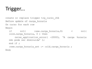 Trigger...createorreplacetriggertrg_curso_chkBeforeupdateofcarga_horariaOn curso for eachrowBeginifnvl( :new.carga_horaria,0) < nvl( :old.carga_horaria, 0 ) thenraise_application_error( -20003, ‘A carga horaria não pode ser diminuida’ );endif ;	:new.carga_horaria_ant := :old.carga_horaria ;End;