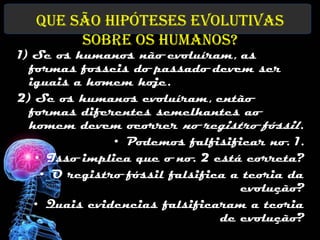 Que são hipóteses evolutivas
        sobre os humanos?
1) Se os humanos não evoluíram, as
  formas fosseis do passado devem ser
  iguais a homem hoje.
2) Se os humanos evoluíram, então
  formas diferentes semelhantes ao
  homem devem ocorrer no registro fóssil.
               • Podemos falfisificar no. 1.
   • Isso implica que o no. 2 está correta?
    • O registro fóssil falsifica a teoria da
                                   evolução?
   • Quais evidencias falsificaram a teoria
                                de evolução?
 