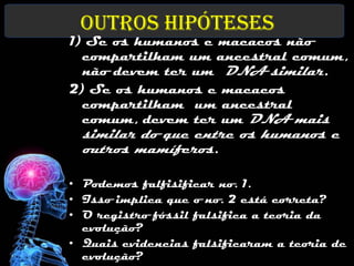 Outros Hipóteses
1) Se os humanos e macacos não
  compartilham um ancestral comum,
  não devem ter um DNA similar.
2) Se os humanos e macacos
  compartilham um ancestral
  comum, devem ter um DNA mais
  similar do que entre os humanos e
  outros mamíferos.

• Podemos falfisificar no. 1.
• Isso implica que o no. 2 está correta?
• O registro fóssil falsifica a teoria da
  evolução?
• Quais evidencias falsificaram a teoria de
  evolução?
 