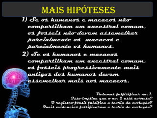 Mais Hipóteses
1) Se os humanos e macacos não
  compartilham um ancestral comum,
  os fosseis não devem assemelhar
 parcialmente os macacos e
 parcialmente os humanos.
2) Se os humanos e macacos
  compartilham um ancestral comum,
  os fosseis progressivamente mais
  antigos dos humanos devem
  assemelhar mais aos macacos.

                              Podemos falfisificar no. 1.
                  Isso implica que o no. 2 está correta?
        O registro fóssil falsifica a teoria da evolução?
     Quais evidencias falsificaram a teoria de evolução?
 