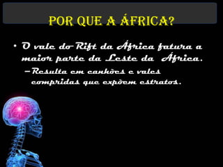 Por que a África?
• O vale do Rift da África fatura a
  maior parte da Leste da África.
  –Resulta em canhões e vales
   compridas que expõem estratos.
 