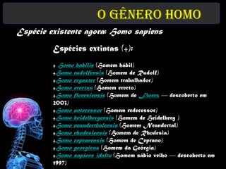 O Gênero Homo
Espécie existente agora: Homo sapiens
         Espécies extintas (†):
         † Homo habilis (Homem hábil)
         †Homo rudolfensis (Homem de Rudolf)
         †Homo ergaster (Homem trabalhador)
         †Homo erectus (Homem erecto)
         †Homo floresiensis (Homem de Flores — descoberto em
         2003)
         †Homo antecessor (Homem redecessor)
         †Homo heidelbergensis (Homem de Heidelberg )
         †Homo neanderthalensis (Homem Neandertal)
         †Homo rhodesiensis (Homem de Rhodesia)
         †Homo cepranensis (Homem de Ceprano)
         †Homo georgicus (Homem da Geórgia)
         †Homo sapiens idaltu (Homem sábio velho — descoberto em
         1997)
 