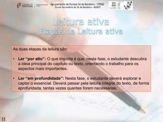 Agrupamento de Escolas Sá da Bandeira - 170562
Escola Secundária de Sá da Bandeira – 402837

As duas etapas da leitura são:
• Ler “por alto”: O que importa é que, nesta fase, o estudante descubra
a ideia principal do capítulo ou texto, orientando o trabalho para os
aspectos mais importantes.
• Ler “em profundidade”: Nesta fase, o estudante deverá explorar e
captar o essencial. Deverá passar pela leitura integral do texto, de forma
aprofundada, tantas vezes quantas forem necessárias.

11

 