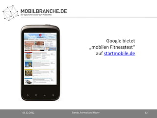 Google bietet
                            „mobilen Fitnesstest“
                              auf startmobile.de




03.12.2012   Trends, Format und Player              12
 