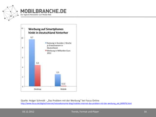 Quelle: Holger Schmidt - „Das Problem mit der Werbung“ bei Focus Online
http://www.focus.de/digital/internet/netzoekonomie-blog/mobiles-internet-das-problem-mit-der-werbung_aid_849976.html


 03.12.2012                                         Trends, Format und Player                                          16
 