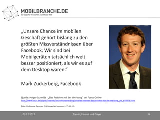 „Unsere Chance im mobilen
Geschäft gehört bislang zu den
größten Missverständnissen über
Facebook. Wir sind bei
Mobilgeräten tatsächlich weit
besser positioniert, als wir es auf
dem Desktop waren.“

Mark Zuckerberg, Facebook

Quelle: Holger Schmidt - „Das Problem mit der Werbung“ bei Focus Online
http://www.focus.de/digital/internet/netzoekonomie-blog/mobiles-internet-das-problem-mit-der-werbung_aid_849976.html

Foto: Guillaume Paumier / Wikimedia Commons, CC-BY-3.0.


 03.12.2012                                          Trends, Format und Player                                         36
 