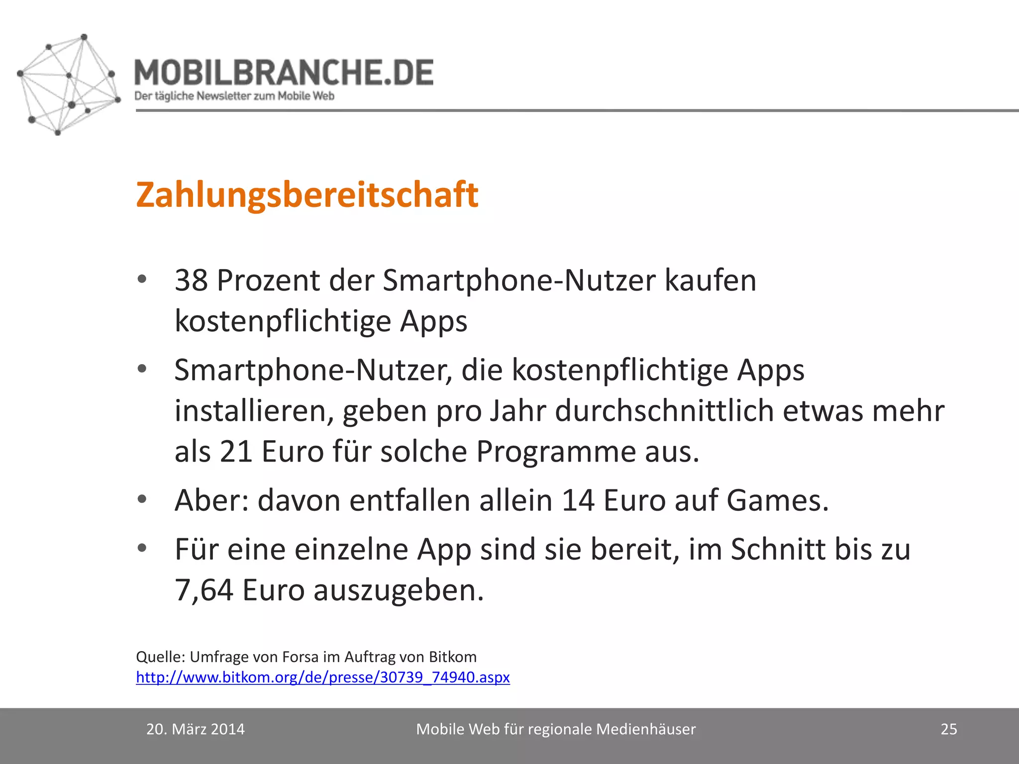 Zahlungsbereitschaft
• 38 Prozent der Smartphone-Nutzer kaufen
kostenpflichtige Apps
• Smartphone-Nutzer, die kostenpflichtige Apps
installieren, geben pro Jahr durchschnittlich etwas mehr
als 21 Euro für solche Programme aus.
• Aber: davon entfallen allein 14 Euro auf Games.
• Für eine einzelne App sind sie bereit, im Schnitt bis zu
7,64 Euro auszugeben.
20. März 2014 Mobile Web für regionale Medienhäuser 25
Quelle: Umfrage von Forsa im Auftrag von Bitkom
http://www.bitkom.org/de/presse/30739_74940.aspx
 