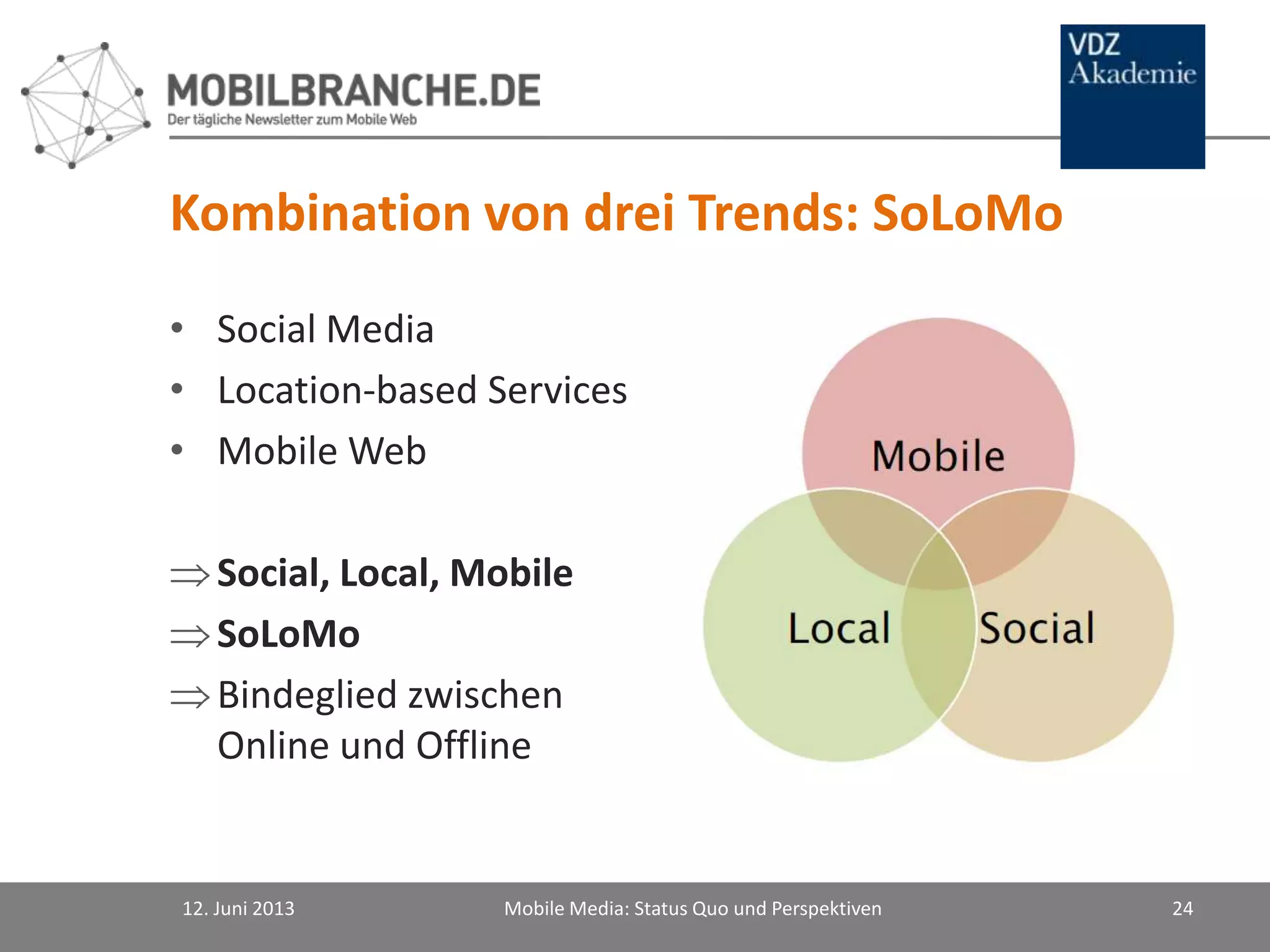 Kombination von drei Trends: SoLoMo
12. Juni 2013 Mobile Media: Status Quo und Perspektiven 24
• Social Media
• Location-based Services
• Mobile Web
Social, Local, Mobile
SoLoMo
Bindeglied zwischen
Online und Offline
 