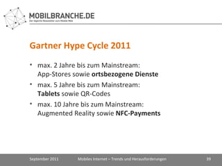 Gartner Hype Cycle 2011 <ul><li>max. 2 Jahre bis zum Mainstream:  App-Stores sowie  ortsbezogene Dienste </li></ul><ul><li...
