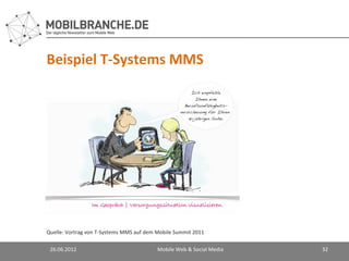 Beispiel T-Systems MMS




Quelle: Vortrag von T-Systems MMS auf dem Mobile Summit 2011

 26.06.2012                               Mobile Web & Social Media   32
 