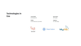 React Native
APP mobile
Angular js
for web design
Laravel (PHP)
for the Back-End
MYSQL
for the data base (por definir)
Technologies in
Use
 