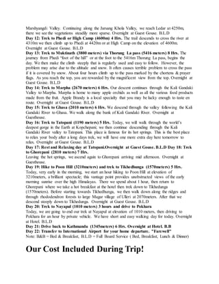 Marshyangdi Valley. Continuing along the Jarsang Khola Valley, we reach Ledar at 4250m,
there we see the vegetations steadily more sparse. Overnight at Guest Gouse. B.L.D
Day 12: Trek to Phedi or High Camp (4600m) 4 Hrs. The trail descends to cross the river at
4310m we then climb up to Phedi at 4420m or at High Camp on the elevation of 4600m.
Overnight at Guest Gouse. B.L.D
Day 13: Trek to Muktinath (3800 meters) via Thorung La pass (5416 meters) 8 Hrs. The
journey from Phedi “foot of the hill” or at the foot to the 5416m Thorung La pass, begins the
day. We then make the climb steeply that is regularly used and easy to follow. However, the
problem may arise due to the altitude and snow. It often causes terrible problem to cross the pass
if it is covered by snow. About four hours climb up to the pass marked by the chortens & prayer
flags. As you reach the top, you are rewarded by the magnificent view from the top. Overnight at
Guest Gouse. B.L.D
Day 14: Trek to Marpha (2670 meters) 6 Hrs. Our descent continues through the Kali Gandaki
Valley to Marpha. Marpha is home to many apple orchids as well as all the various food products
made from the fruit. Apple Brandy is a local specialty that you may be lucky enough to taste en
route. Overnight at Guest Gouse. B.L.D
Day 15: Trek to Ghasa (2010 meters) 6 Hrs. We descend through the valley following the Kali
Gandaki River to Ghasa. We walk along the bank of Kali Gandaki River. Overnight at
Guesthouse.
Day 16: Trek to Tatopani (1190 meters) 5 Hrs. Today, we will walk through the world’s
deepest gorge in the Earth at Kopchepani; we then continue descending through the Kali
Gandaki River valley to Tatopani. This place is famous for its hot springs. This is the best place
to relax your body after a long days trek, we will have one more extra day here tomorrow to
relax. Overnight at Guest Gouse. B.L.D
Day 17: Rest and Relaxing day at Tatopani.Overnight at Guest Gouse. B.L.D Day 18: Trek
to Ghorepani (2810 meters) 7 Hrs.
Leaving the hot springs, we ascend again to Ghorepani arriving mid afternoon. Overnight at
Guesthouse.
Day 19: Hike to Poon Hill (3210meters) and trek to Tikhedhunga (1570meters) 5 Hrs.
Today, very early in the morning, we start an hour hiking to Poon Hill at elevation of
3210meters, a brilliant spectacle; this vantage point provides unobstructed views of the early
morning sunrise over the high Himalayas. There we spend about 1 hour, then return to
Ghorepani where we take a hot breakfast at the hotel then trek down to Tikhedunga
(1570meters). Before starting towards Tikhedhunga, we then walk down along the ridges and
through rhododendron forests to large Magar village of Ulleri at 2070meters. After that we
descend steeply down to Tikhedunga. Overnight at Guest Gouse. B.L.D
Day 20: Trek to Nayapul (1010 meters) 3 hours and drive to Pokhara
Today, we are going to end our trek at Nayapul at elevation of 1010 meters, then driving to
Pokhara for an hour by private vehicle. We have short and easy walking day for today. Overnight
at Hotel. B.L.D
Day 21: Drive back to Kathmandu (1345meters) 6 Hrs. Overnight at Hotel. B.B
Day 22: Transfer to International Airport for your home departure. "Farewell"
Note: B&B = Bed & Breakfast, B.L.D = Full Board Service ( Bed, Breakfast, Lunch & Dinner)
Our Cost Included During Trip!
 