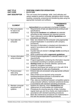 UNIT TITLE : PERFORM COMPUTER OPERATIONS
UNIT CODE : ELC311203
UNIT DESCRIPTOR : This unit covers the knowledge, skills, (and) attitudes and
values needed to perform computer operations which include
inputting, accessing, producing and transferring data using the
appropriate hardware and software
ELEMENT
PERFORMANCE
CRITERIA
Italicized Bold terms are elaborated in the Range of Variables
1. Plan and prepare
for task to be
undertaken
1.1. Requirements of task are determined according to job
specifications
1.2. Appropriate hardware and software are selected
according to task assigned and required outcome
1.3. Task is planned to ensure OH & S guidelines and
procedures are followed
2. Input data into
computer
2.1. Data are entered into the computer using appropriate
program/application in accordance with company
procedures
2.2. Accuracy of information is checked and information is
saved in accordance with standard operating
procedures
2.3. Inputted data are stored in storage media according to
requirements
2.4. Work is performed within ergonomic guidelines
3. Access information
using computer
3.1. Correct program/application is selected based on job
requirements
3.2. Program/application containing the information required
is accessed according to company procedures
3.3. Desktop icons are correctly selected, opened and
closed for navigation purposes
3.4. Keyboard techniques are carried out in line with OH &
S requirements for safe use of keyboards
4. Produce/output
data using
computer system
4.1. Entered data are processed using appropriate software
commands
4.2. Data printed out as required using computer
hardware/peripheral devices in accordance with
standard operating procedures
4.3. Files, data are transferred between compatible systems
using computer software, hardware/ peripheral devices
in accordance with standard operating procedures
5. Maintain computer
equipment and
systems
5.1. Systems for cleaning, minor maintenance and
replacement of consumables are implemented
5.2. Procedures for ensuring security of data, including
regular back-ups and virus checks are implemented in
accordance with standard operating procedures
5.3. Basic file maintenance procedures are implemented in
line with the standard operating procedures
------------------------------------------------------------------------------------------------------------------------------------------------------------------------------------
TRAINING REGULATIONS –ELECTRONIC PRODUCTS ASSEMBLY AND SERVICING NC II Page 21
 