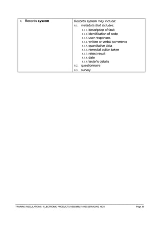 8. Records system Records system may include:
8.1. metadata that includes:
8.1.1. description of fault
8.1.2. identification of code
8.1.3. user responses
8.1.4. written or verbal comments
8.1.5. quantitative data
8.1.6. remedial action taken
8.1.7. retest result
8.1.8. date
8.1.9. tester's details
8.2. questionnaire
8.3. survey
------------------------------------------------------------------------------------------------------------------------------------------------------------------------------------
TRAINING REGULATIONS –ELECTRONIC PRODUCTS ASSEMBLY AND SERVICING NC II Page 39
 