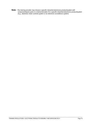 Note: The training provider may choose a specific industrial-electronics product/system with
component/spare parts or a trainer/simulator for a specific industrial-electronics product/system
(e.g., electronic motor controls system or an electronic surveillance system)
------------------------------------------------------------------------------------------------------------------------------------------------------------------------------------
TRAINING REGULATIONS –ELECTRONIC PRODUCTS ASSEMBLY AND SERVICING NC II Page 70
 