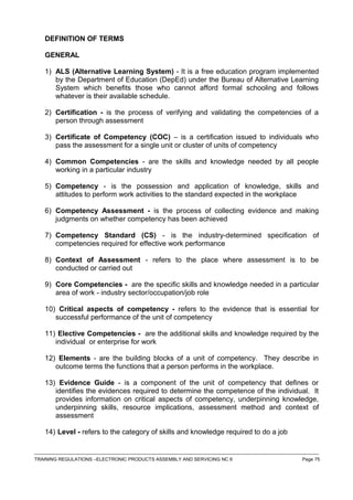 DEFINITION OF TERMS
GENERAL
1) ALS (Alternative Learning System) - It is a free education program implemented
by the Department of Education (DepEd) under the Bureau of Alternative Learning
System which benefits those who cannot afford formal schooling and follows
whatever is their available schedule.
2) Certification - is the process of verifying and validating the competencies of a
person through assessment
3) Certificate of Competency (COC) – is a certification issued to individuals who
pass the assessment for a single unit or cluster of units of competency
4) Common Competencies - are the skills and knowledge needed by all people
working in a particular industry
5) Competency - is the possession and application of knowledge, skills and
attitudes to perform work activities to the standard expected in the workplace
6) Competency Assessment - is the process of collecting evidence and making
judgments on whether competency has been achieved
7) Competency Standard (CS) - is the industry-determined specification of
competencies required for effective work performance
8) Context of Assessment - refers to the place where assessment is to be
conducted or carried out
9) Core Competencies - are the specific skills and knowledge needed in a particular
area of work - industry sector/occupation/job role
10) Critical aspects of competency - refers to the evidence that is essential for
successful performance of the unit of competency
11) Elective Competencies - are the additional skills and knowledge required by the
individual or enterprise for work
12) Elements - are the building blocks of a unit of competency. They describe in
outcome terms the functions that a person performs in the workplace.
13) Evidence Guide - is a component of the unit of competency that defines or
identifies the evidences required to determine the competence of the individual. It
provides information on critical aspects of competency, underpinning knowledge,
underpinning skills, resource implications, assessment method and context of
assessment
14) Level - refers to the category of skills and knowledge required to do a job
------------------------------------------------------------------------------------------------------------------------------------------------------------------------------------
TRAINING REGULATIONS –ELECTRONIC PRODUCTS ASSEMBLY AND SERVICING NC II Page 75
 