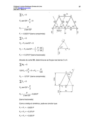 Professor Luciano Rodrigues Ornelas de Lima
e-mail: llima@rdc.puc-rio.br
Sala 5016 – Bloco A
57
∑ = 0Fy
53ºsen2
P
F
0
2
P
53ºsenF
1
1
−=
=+
F1 = -0,625 P (barra comprimida)
∑ = 0Fx
0º53cosFF 12 =+






−−==
8,0
6,0
.
2
P
53ºcosF-F 12
F2 = + 0,375 P (barra tracionada)
Através do corte BB, determina-se as forças nas barras 3 e 4.
∑ = 0ME
33,1
P
F0
2
P
2F33,1 44 −=⇒=+
P75,0F4 −= (barra comprimida)
∑ = 0Fy
2
P
53ºsenF3 =
P0,625
53ºsen2
P
F3 ==
(barra tracionada)
Como a treliça é simétrica, pode-se concluir que:
F7 = F1 = - 0,625 P
F6 = F2 = + 0,375 P
F5 = F3 = + 0,625 P
 