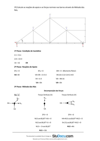 3º) Calcule as reações de apoio e as forças normais nas barras através do Método dos
Nós.
1º Passo Condição de Isostática
2.n = b+ν
2.8 = 13+3
16 = 16 OK
2º Passo Reações de Apoio
ΣFx = 0 ΣFy = 0 ΣM = 0 (Momento fletor)
HA = 0 VA+VB = 2+2+2 -VB.16+2.12+2.8+2.4=0
VA = 6-3 VB = 48÷16
VA = 3 t VB = 3 t
3º Passo Método dos Nós
Decomposição das forças
Nó “1” Forças Verticais (V) Forças Verticais (H)
ΣFV = 0 ΣFH = 0
N13.sen36,87°+VA = 0 HA+N13.cos36,87°+N12 = 0
N13.sen36,87°+3 = 0 0+(-5).cos36,87°+N12 = 0
N13 = -3÷sen36,87° N12 = 4 t
N13 = -5 t
N13
VA
N12
VA
N12
HA
N13
HA
N13
Baixado por Emanuel Melo (emanuelfisica@hotmail.com)
lOMoARcPSD|6023446
 