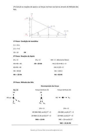 2º) Calcule as reações de apoio e as forças normais nas barras através do Método dos
Nós.
1º Passo Condição de Isostática
2.n = b+ν
2.5 = 7+3
10 = 10 OK
2º Passo Reações de Apoio
ΣFx = 0 ΣFy = 0 ΣM = 0 (Momento fletor)
HA+HB = 40 VB = 20 KN -HA.2+20.4+40.1 = 0
60+HB = 40 -HA.2+120 = 0
HB = 40-60 HA = 120÷2
HB = -20 KN HA = 60 KN
3º Passo Método dos Nós
Decomposição das forças
Nó “B” Forças Verticais (V) Forças Verticais (H)
ΣFV = 0 ΣFH = 0
VB-NBA-NBC.sen26,57° = 0 -HB+NBC.cos26,57° = 0
20-NBA-22,36.sen26,57° = 0 -20+NBC.cos26,57° = 0
NBA = 10 KN NBC = 20÷cos26,57°
NBC = 22,36 KN
VB
NBA
NBC
NBA
NBC
HB
VB
NBC
HB
Baixado por Emanuel Melo (emanuelfisica@hotmail.com)
lOMoARcPSD|6023446
 