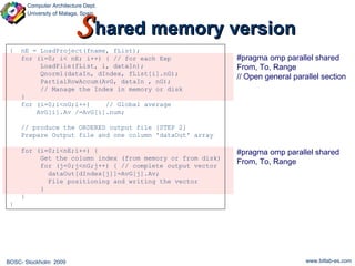 S hared memory version {  nE = LoadProject(fname, fList); for (i=0; i< nE; i++) { // for each Exp LoadFile(fList, i, dataI...
