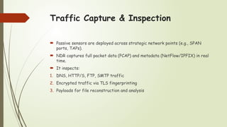 Traffic Capture & Inspection
 Passive sensors are deployed across strategic network points (e.g., SPAN
ports, TAPs).
 NDR captures full packet data (PCAP) and metadata (NetFlow/IPFIX) in real
time.
 It inspects:
1. DNS, HTTP/S, FTP, SMTP traffic
2. Encrypted traffic via TLS fingerprinting
3. Payloads for file reconstruction and analysis
 