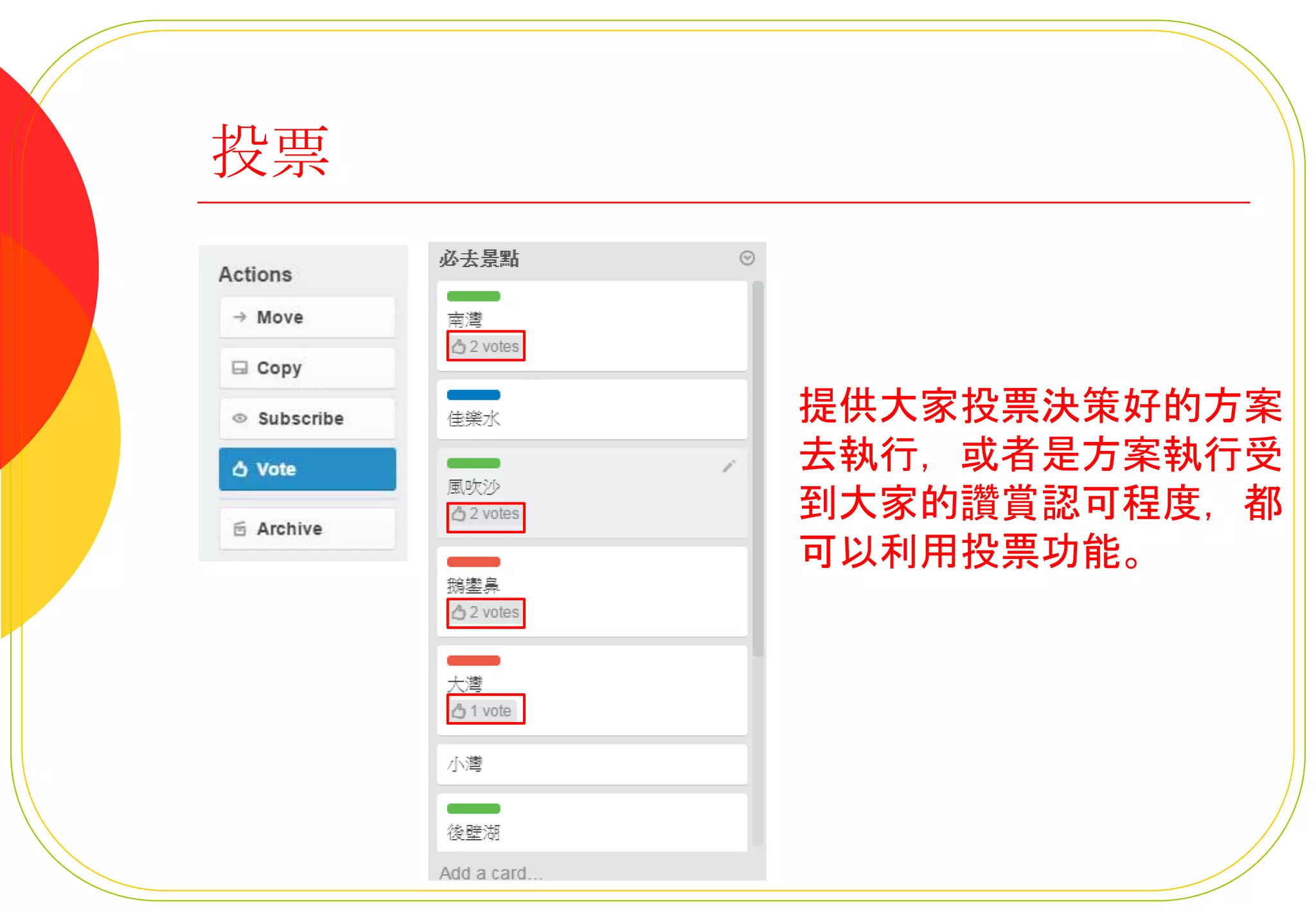 投票
提供大家投票決策好的方案
去執行，或者是方案執行受
到大家的讚賞認可程度，都
可以利用投票功能。
 