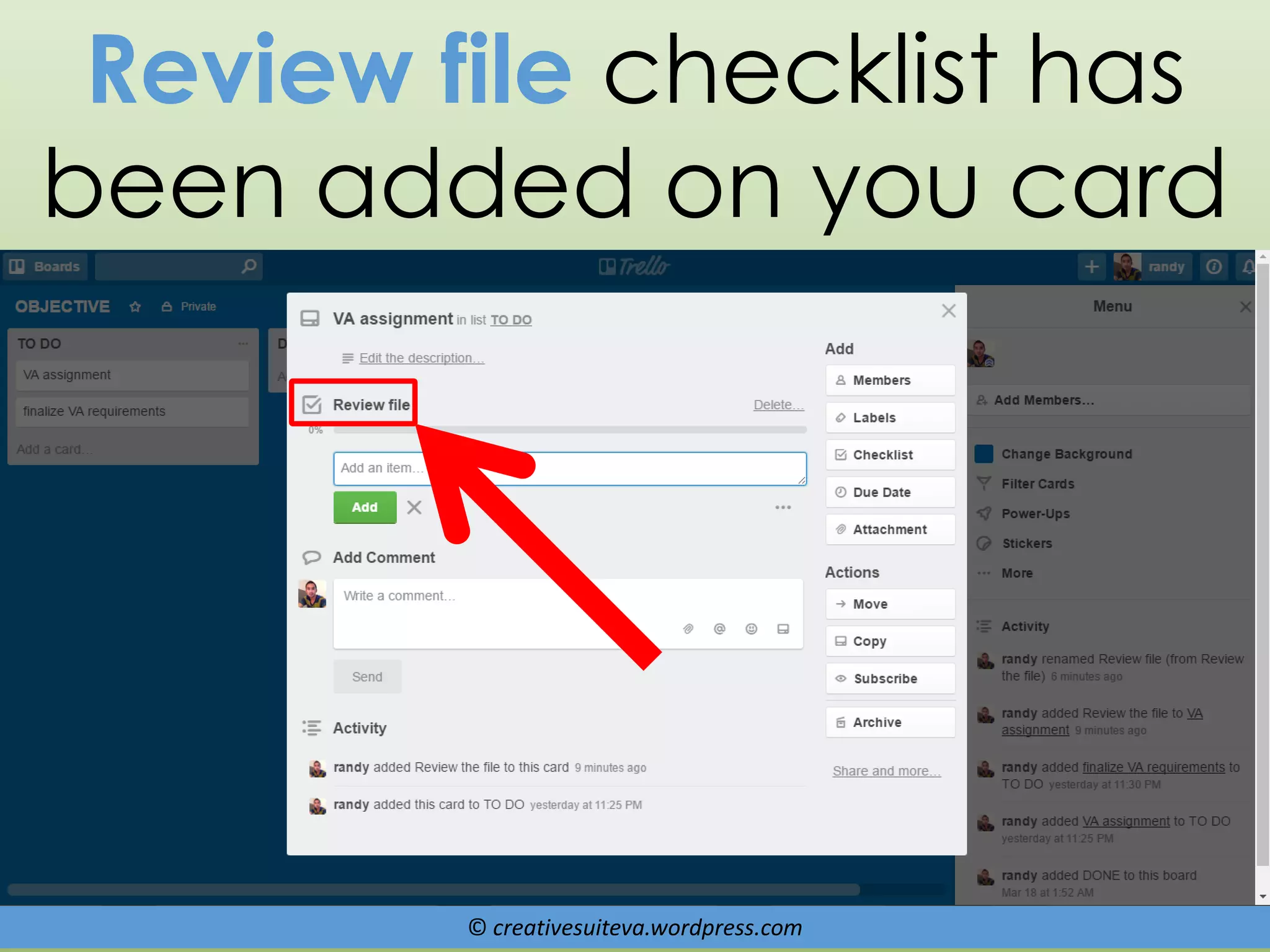 © creativesuiteva.wordpress.com
Review file checklist has
been added on you card
 