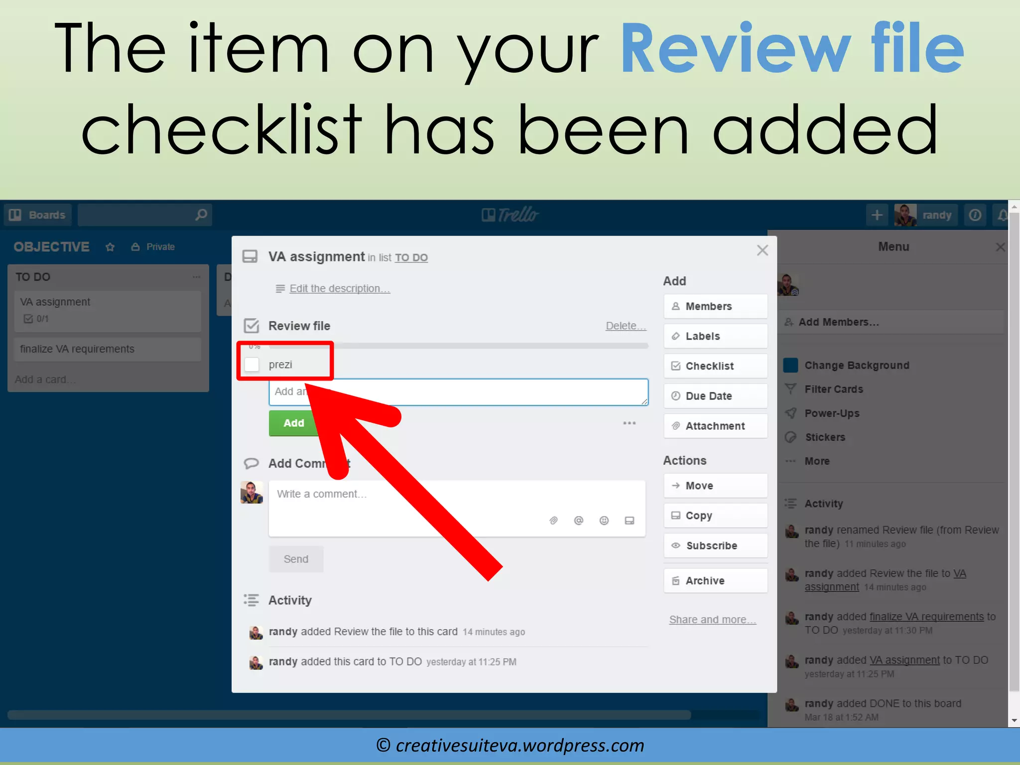 © creativesuiteva.wordpress.com
The item on your Review file
checklist has been added
 