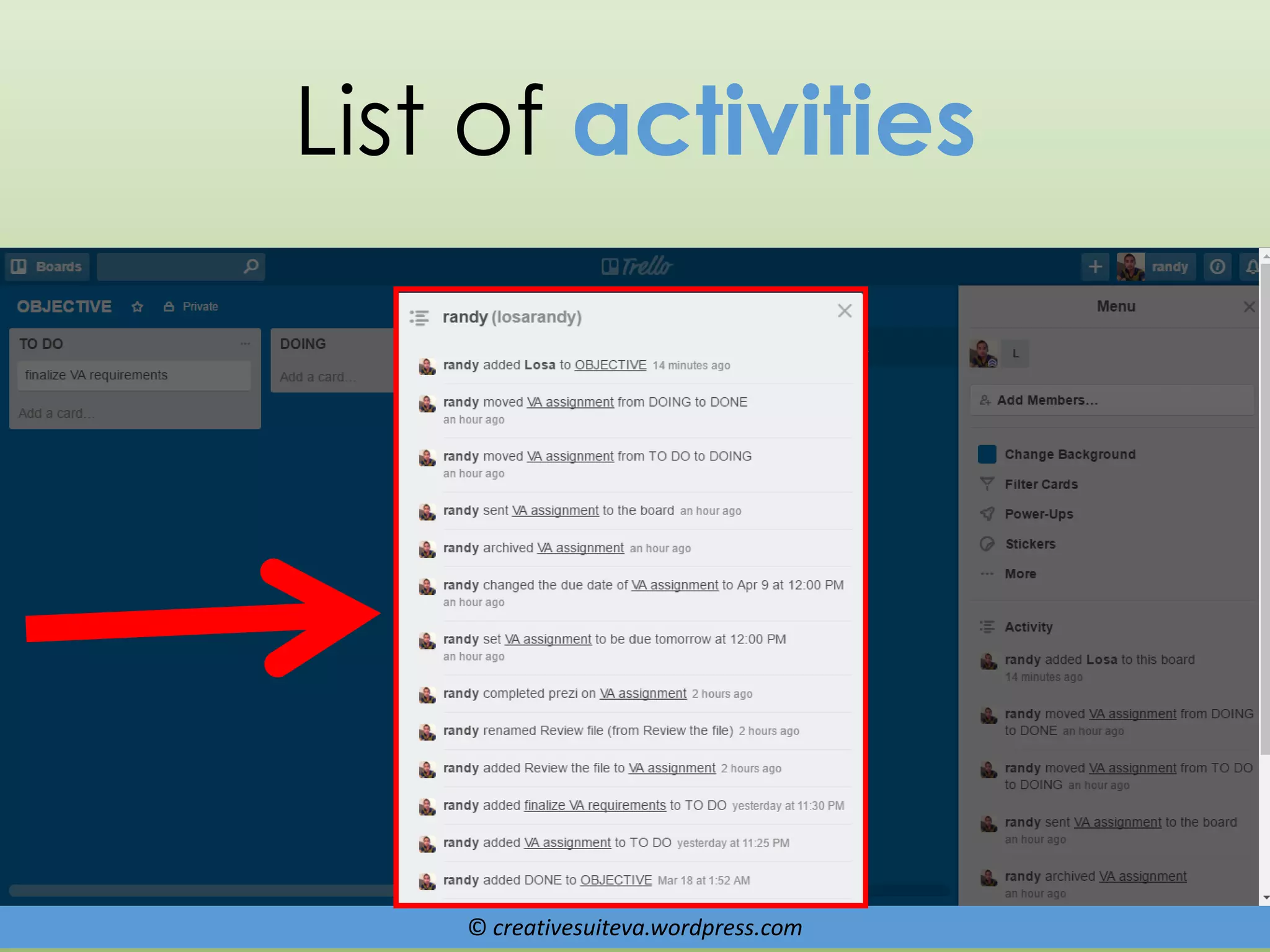 © creativesuiteva.wordpress.com
List of activities
 