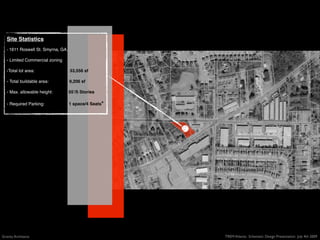 Site Statistics
   - 1611 Roswell St. Smyrna, GA.

   - Limited Commercial zoning

   -Total lot area:                 33,556 sf

   - Total buildable area:          9,206 sf

   - Max. allowable height:         55ʼ/5 Stories

   - Required Parking:              1 space/4 Seats*




Gravity Architects                                     TREM Atlanta: Schematic Design Presentation July 4th 2009
 