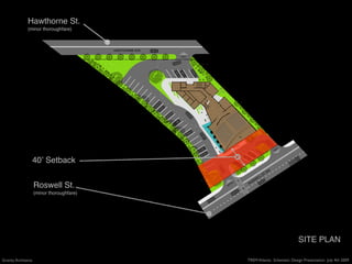 Hawthorne St.
                                    (minor thoroughfare)



                                                                  HAWTHORNE AVE.
                                                                                   EXIT




                                                                                                                          IT
                                                                                                                        EX




                                          40ʼ Setback
                                                                                                                    W
                                                                                                                STS
                                                                                                            ELL
                                                                                                        SW
                                                                                                     RO
                                           Roswell St.
                                                                                                 Y
                                                                                               TR
                                                                                          EN


                                           (minor thoroughfare)




                                                                                                                                 SITE PLAN
ceptDsn01.pln; 1st floor; 1" = 40'; 6/30/09 11:10 AM




   Gravity Architects                                                                                TREM Atlanta: Schematic Design Presentation July 4th 2009
 