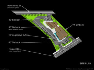 Hawthorne St.
                                    (minor thoroughfare)



                                                                       HAWTHORNE AVE.
                                                                                        EXIT




                                          40ʼ Setback

                                                                                                                             10ʼ Setback
                                          50ʼ Setback
                                          (abuts residential zoning)



                                          10ʼ vegetative buffer
                                                                                                                               IT
                                                                                                                             EX




                                          40ʼ Setback
                                                                                                                         W
                                                                                                                     STS
                                                                                                                 ELL
                                                                                                             SW
                                                                                                          RO
                                           Roswell St.
                                                                                                      Y
                                                                                                    TR
                                                                                               EN


                                           (minor thoroughfare)




                                                                                                                                      SITE PLAN
ceptDsn01.pln; 1st floor; 1" = 40'; 6/30/09 11:10 AM




   Gravity Architects                                                                                     TREM Atlanta: Schematic Design Presentation July 4th 2009
 